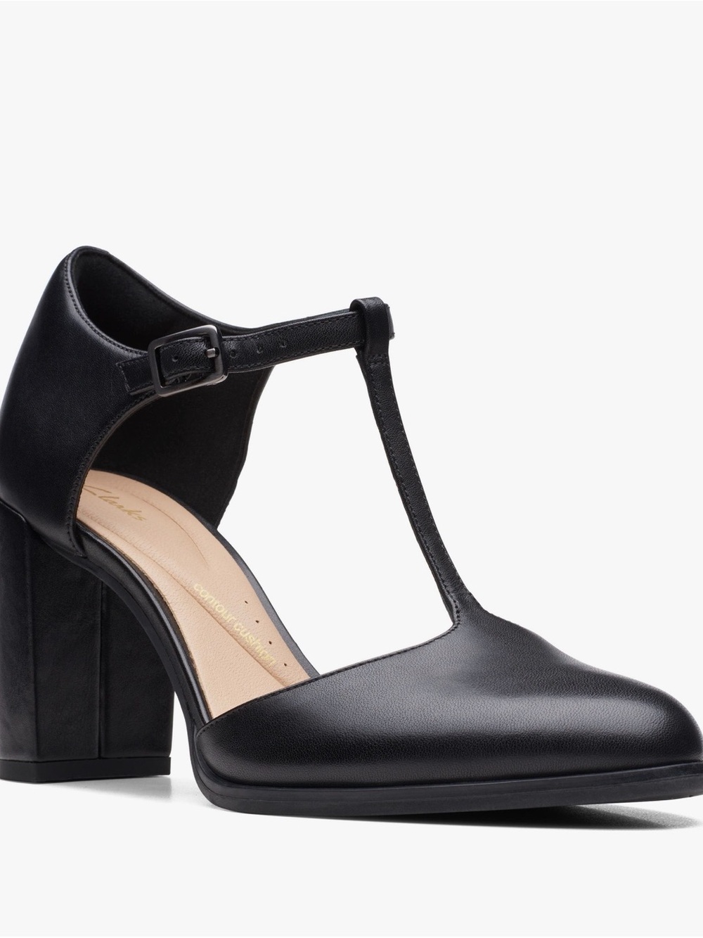 Clarks Black T-Strap Blockโ Heel Pump